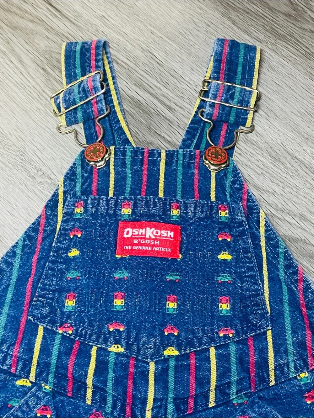 Vintage OshKosh B’gosh Colorful Novelty Print Overalls 2T Trucks Cars Stripes